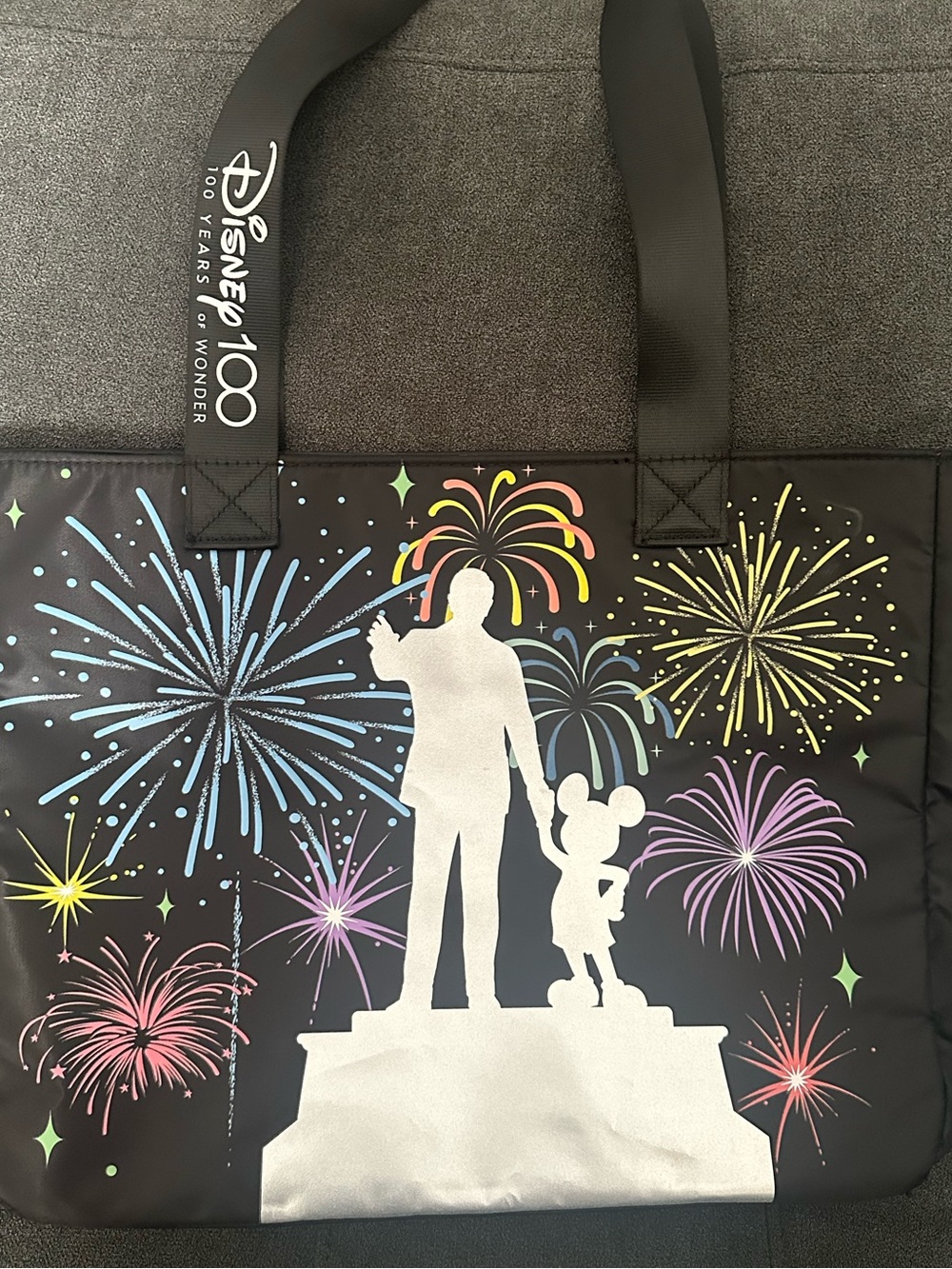 Disney Black Tote with Silver Statue and Colorful Fireworks